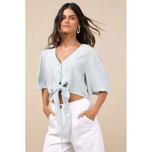 Lulus Mint Green Embroidered Tie Front Crop Top L